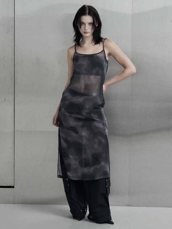 [mnem] smudge layered long dress (black)