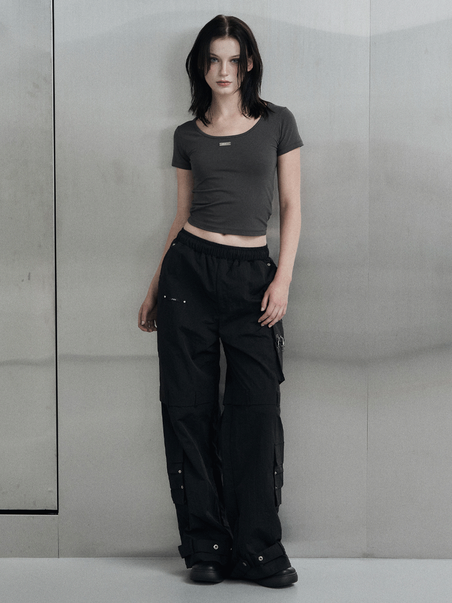 [mnem] piercing nylon cargo pants (black)